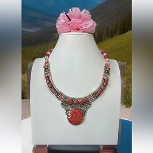 Stunning Handcrafted Ethnic Style Pendant Necklace Inlay Coral Set In Silver 18”